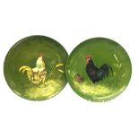 Pair Victorian Minton chargers painted with Cockerels on green ground, impressed marks, D38.