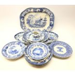 Collection of Spode blue transfer ceramics comprising The Blue Room Collection plates,