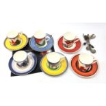 Set of six Wedgwood Clarice Cliff Cafe Chic series coffee cups and saucers comprising May Avenue,