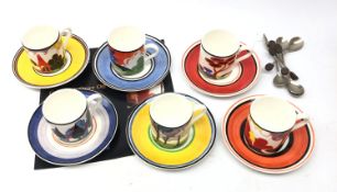 Set of six Wedgwood Clarice Cliff Cafe Chic series coffee cups and saucers comprising May Avenue,