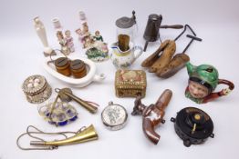 19th century salt glaze tap, early 20th century French telephone, two shell work boxes,