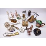 19th century salt glaze tap, early 20th century French telephone, two shell work boxes,