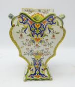 Early 20th century two handled Delft vase, of tapered form painted with Polychrome enamels,