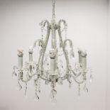 Contemporary six branch chandelier embellished with faceted glass beads and prism drops,