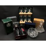 Waterford crystal Atrium mantel clock, set of six Thomas Webb claret glasses, matching decanter,