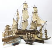 Wooden scale model of a three masted sailing vessel Hermione, H74cm,