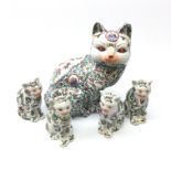 20th century Chinese 'Famille Verte' seated model of a Cat and four smaller matching Cats (5)
