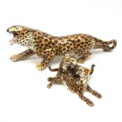 Large Italian pottery figure of a Leopard by Febland and another matching group of two Leopards