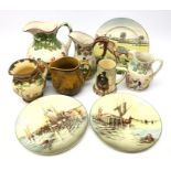 Royal Doulton Salisbury Cathedral jug, a series ware jug and tankard, Cauldon Hunting scene plate,