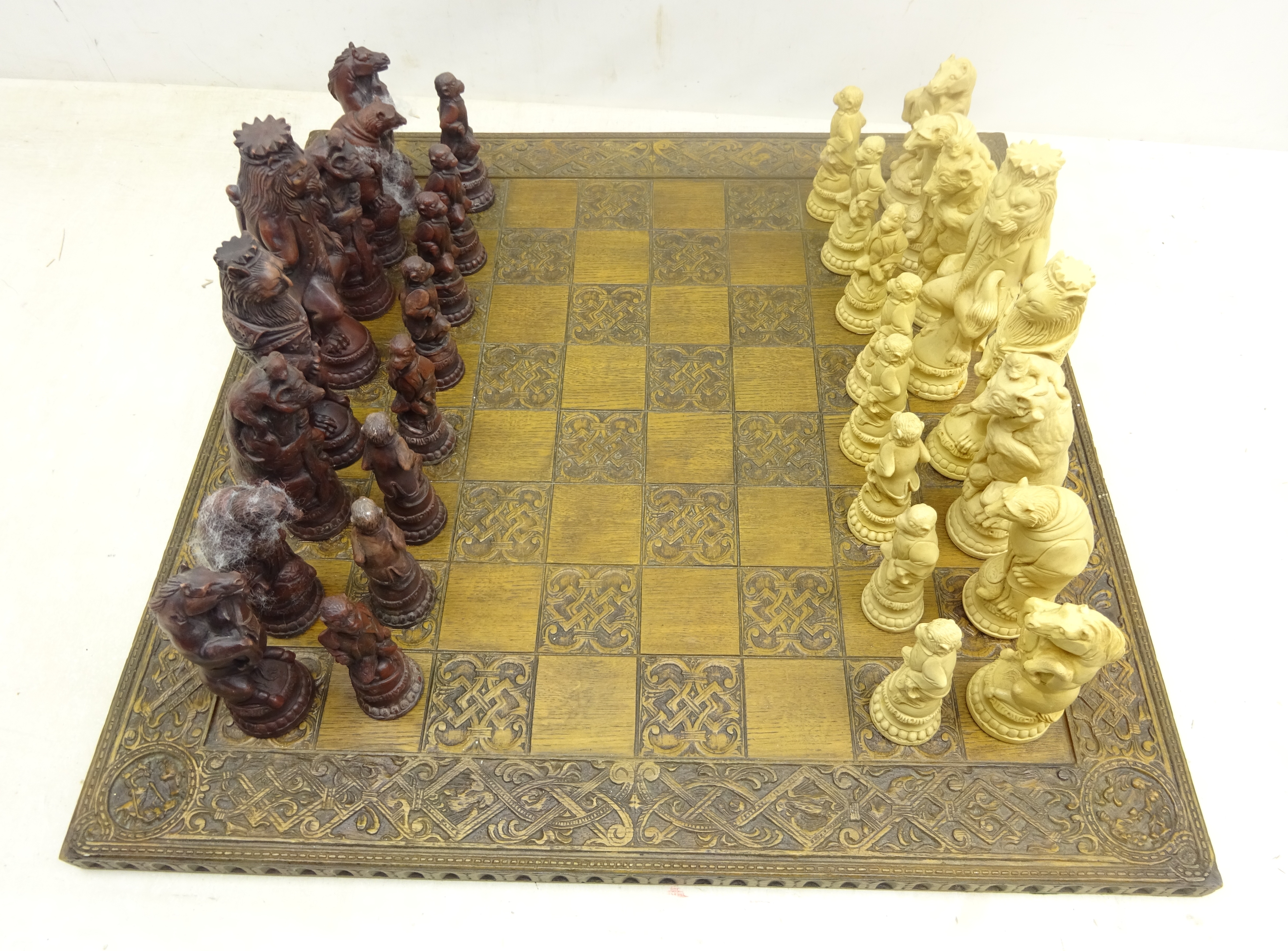 Reynard The Fox composite chess set with carved oak board, 60cm x 60cm, King H19.