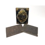 Victorian Papier Mache blotter cover and two carved oak panels, L29.