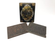 Victorian Papier Mache blotter cover and two carved oak panels, L29.