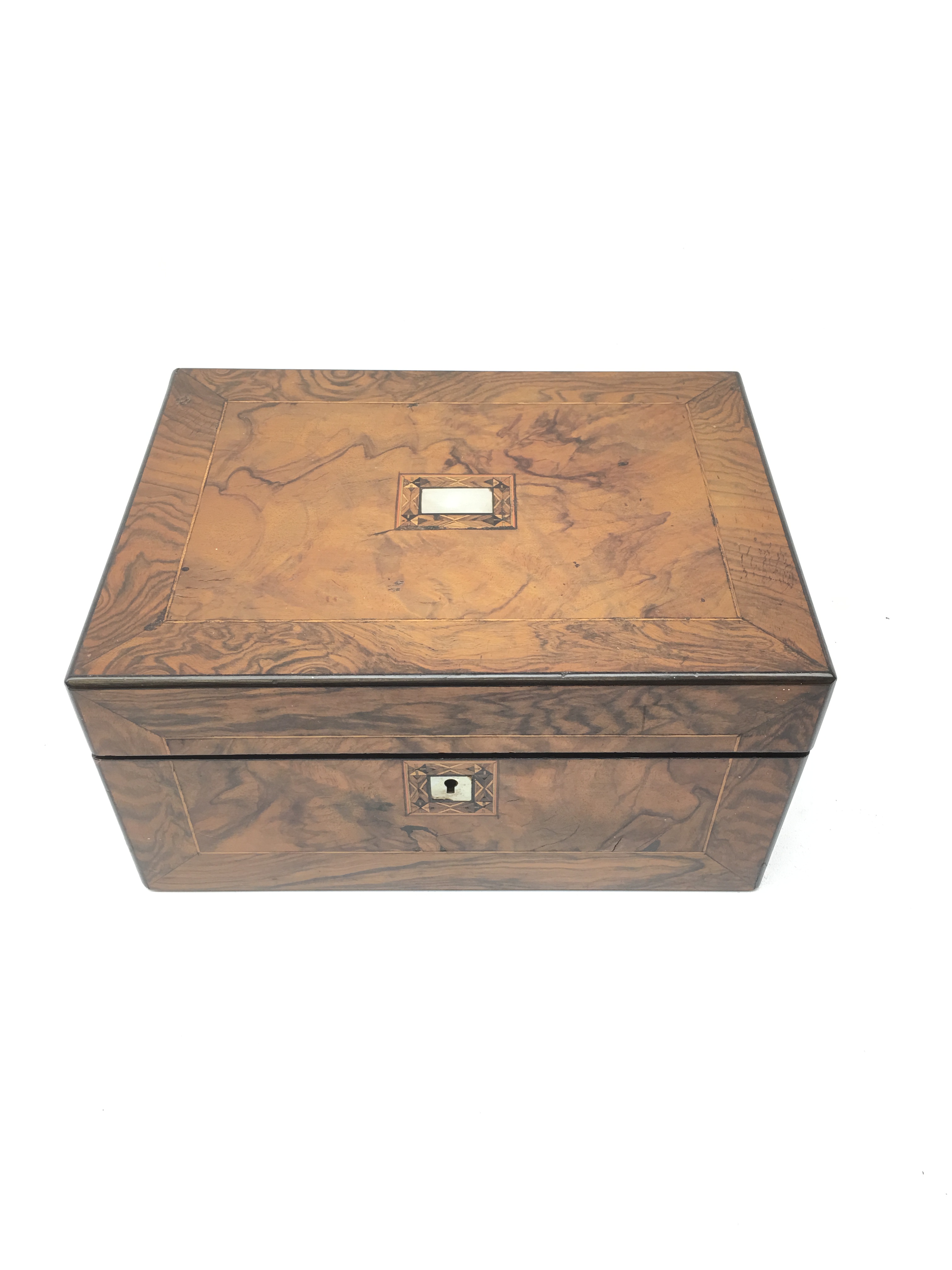 Victorian figured walnut sewing box with mother of pearl escutcheon, - Image 2 of 2