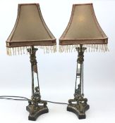 Pair Contemporary mirrored table lamps on trefoil base with beaded shades,