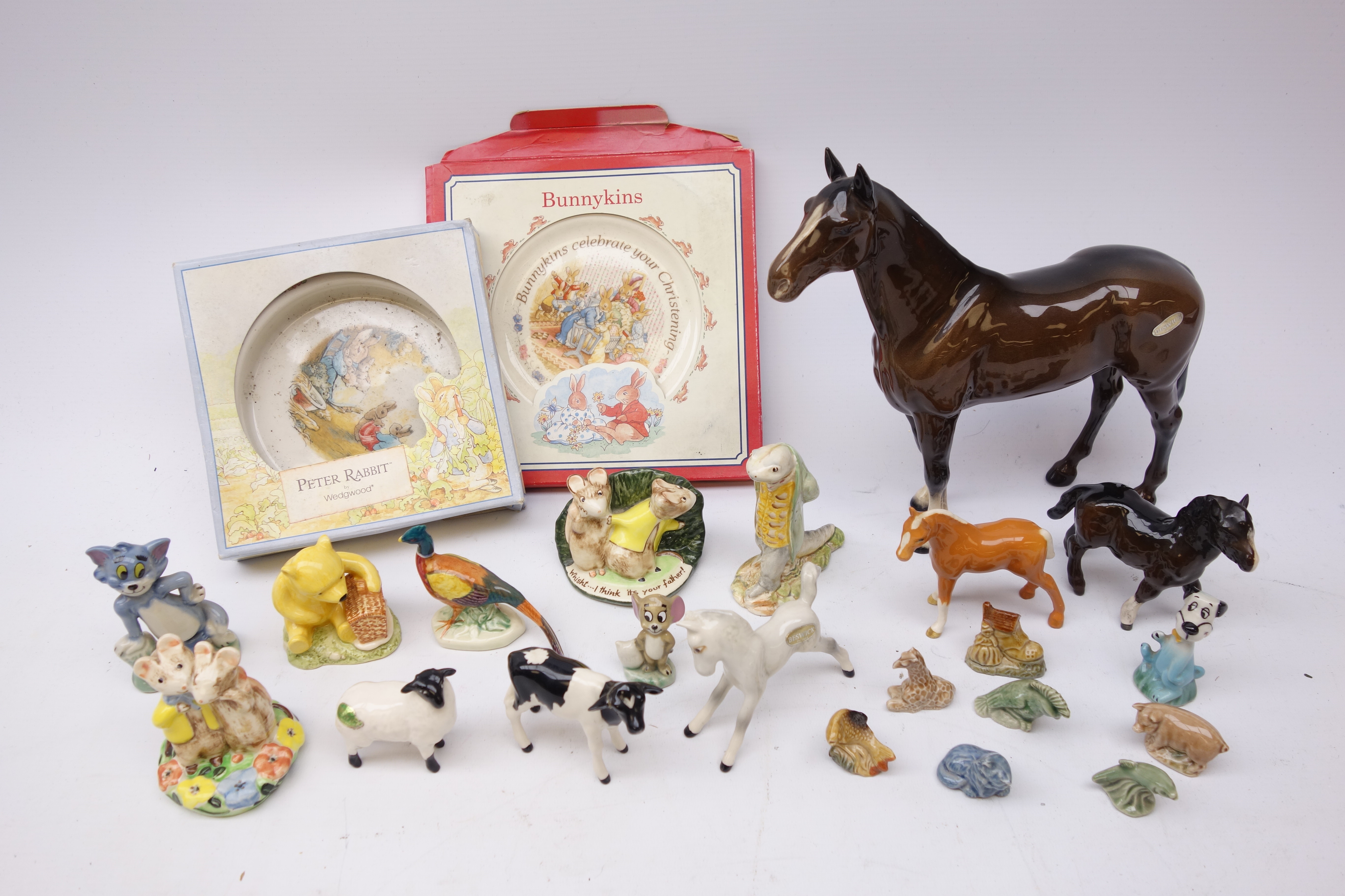 Beswick figures comprising Bay horse, Shetland Pony, two Foals, Sheep, Calf, Pheasant,