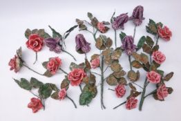 Collection of ceramic and wirework rose stems & other similar purple flowers Condition