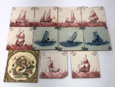 Three Delft blue and white tiles painted with sailing vessels,