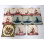 Three Delft blue and white tiles painted with sailing vessels,