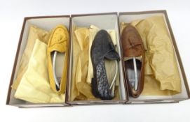 Three pairs of Ostrich style leather loafers by Calace, mostly UK size 8.