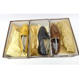 Three pairs of Ostrich style leather loafers by Calace, mostly UK size 8.