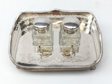 Ex-retail: Silver-plated desk stand comprising twin glass inkwells and pan stand within pierced