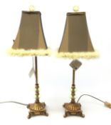 Pair contemporary gilded table lamps with feather trim shades by Peralta, as new with tags,