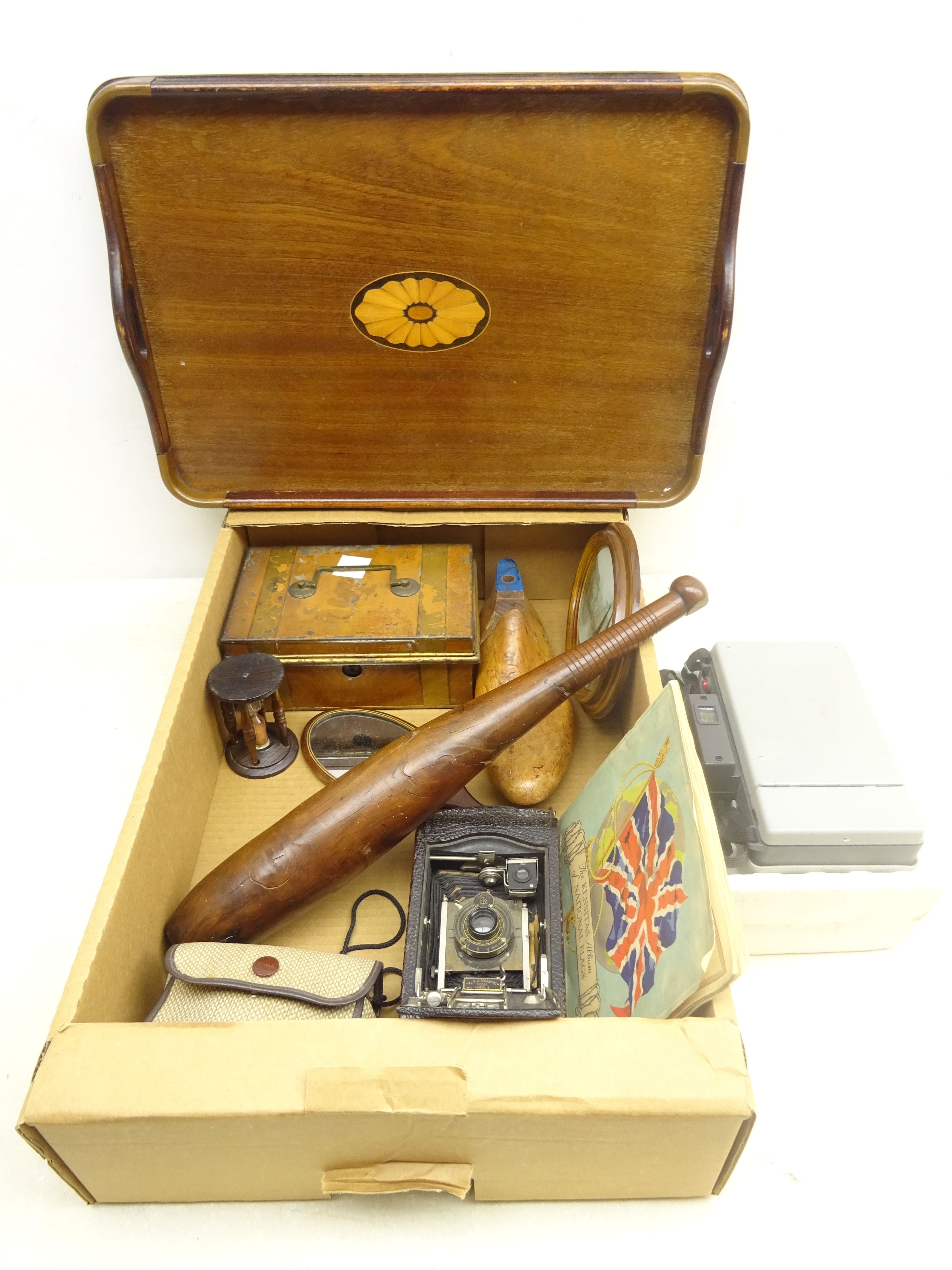 Early 20th century rectangular oak tray with shell inlay, yew wood juggling club, No.