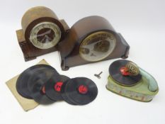 Two oak cased mantle clocks and child's tin-plate clockwork gramophone with quantity of records