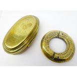 Dutch brass snuff or tobacco box of oval form with incised decoration,