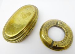 Dutch brass snuff or tobacco box of oval form with incised decoration,