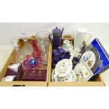 Waterford crystal decanter, ships decanter, Bohemian cranberry and blue glass dish, similar vase,