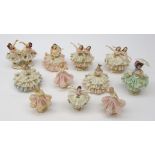 Eleven small Dresden crinoline ballerina figures and other similar ladies H13cm max (11)