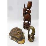 Studio pottery stoneware African mask with copper and marble glass mounts, unsigned,