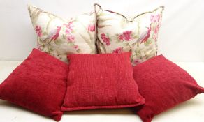 Pair feather filled cushions upholstered in Sanderson pink floral pattern fabric,