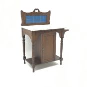 Edwardian mahogany washstand, raised shaped, tiled back, marble top, single cupboard,
