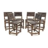 Set six early 20th century mahogany dining chairs, leather upholstered back and seat,