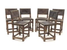 Set six early 20th century mahogany dining chairs, leather upholstered back and seat,