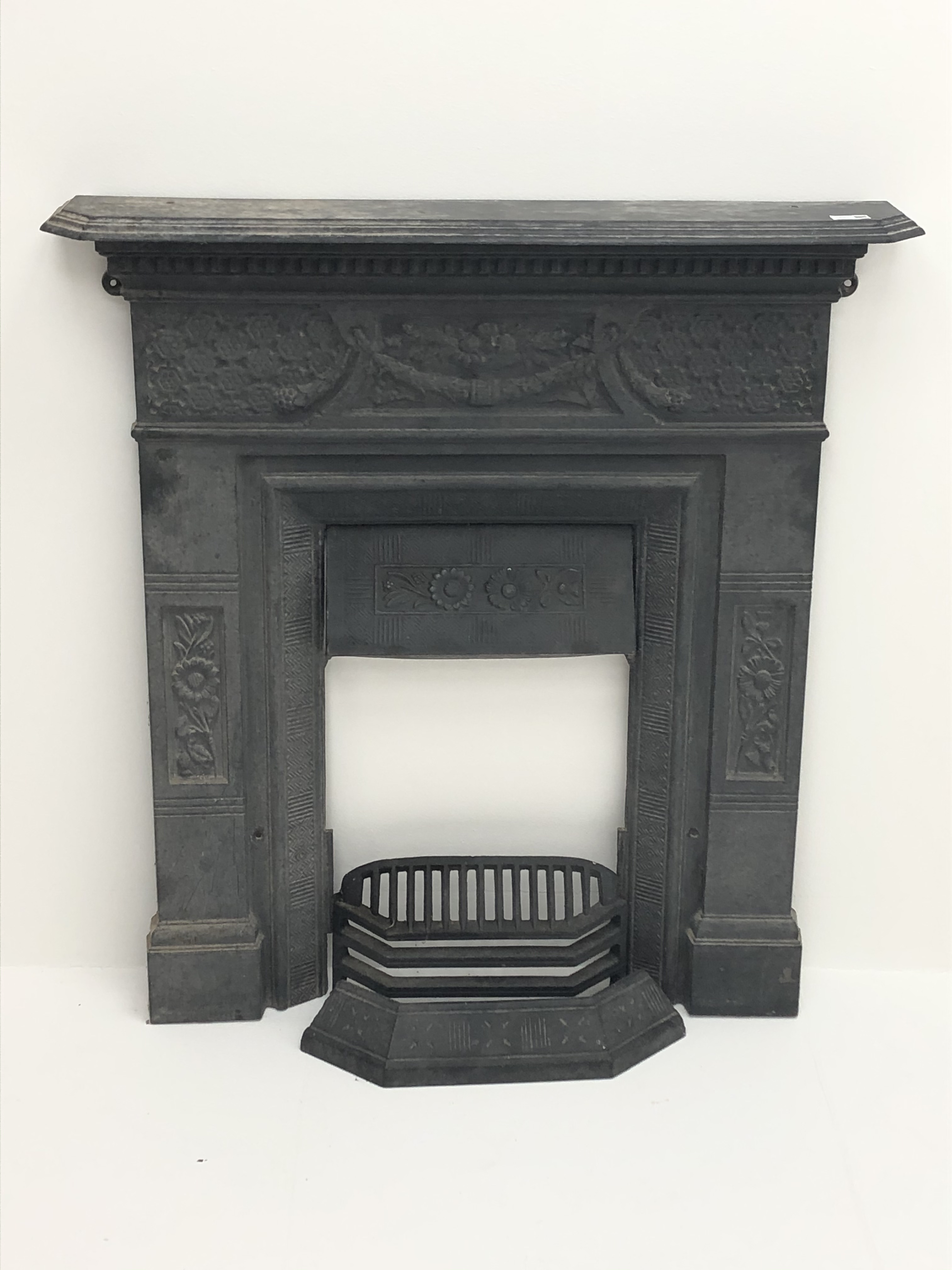 Victorian cast iron fireplace, moulded top, dentil frieze, W90cm, - Image 2 of 3