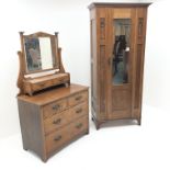 Art Nouveau narrow oak single wardrobe, projecting cornice, mirrored door (W87cm, H193cm,