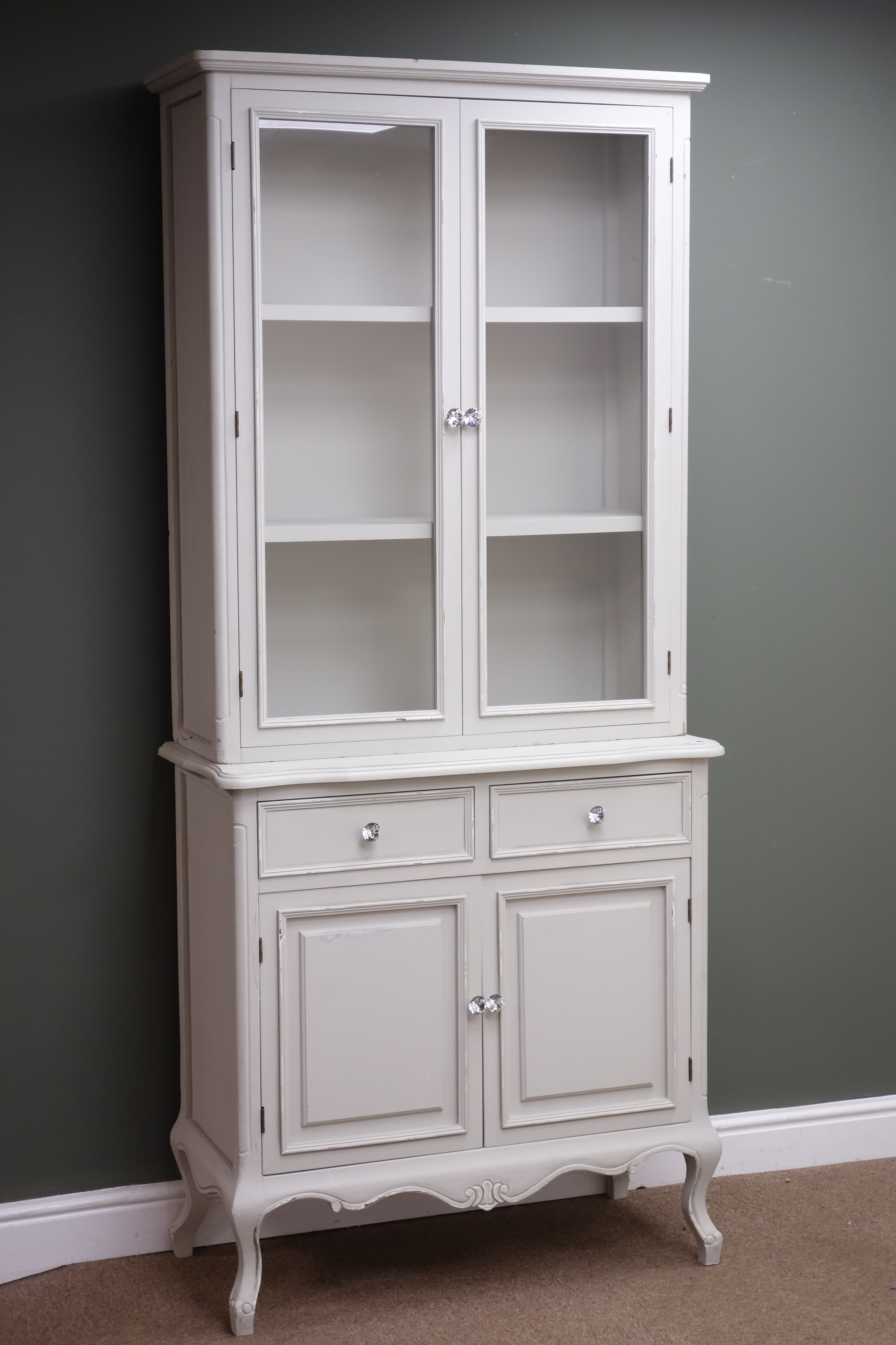 French style painted bookcase on cupboard, projecting cornice,