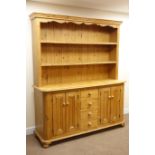 Waxed pine traditional dresser with raised two tier plate rack, projecting cornice,