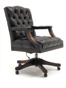 Georgian style office swivel armchair, upholstered in a deep buttoned brown leather,