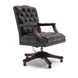 Georgian style office swivel armchair, upholstered in a deep buttoned brown leather,