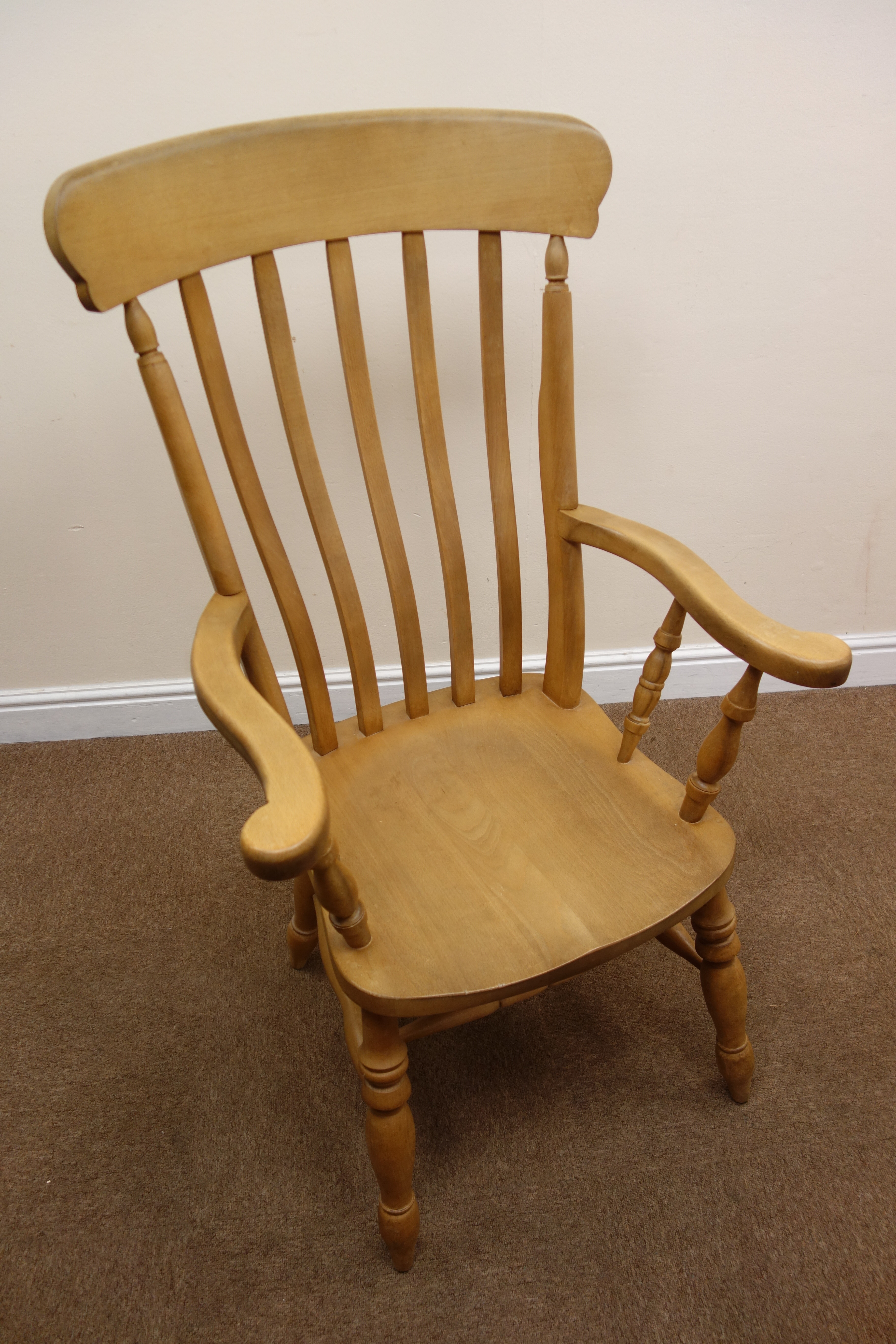 Farmhouse beech slat back armchair, turned supports joined by double 'H' stretcher, - Image 2 of 2