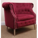 Chesterfield tub armchair, upholstered in a buttoned aubergine velvet, tapering chrome supports,