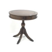 Regency style mahogany circular drum table, inset leather top, two frieze drawers,