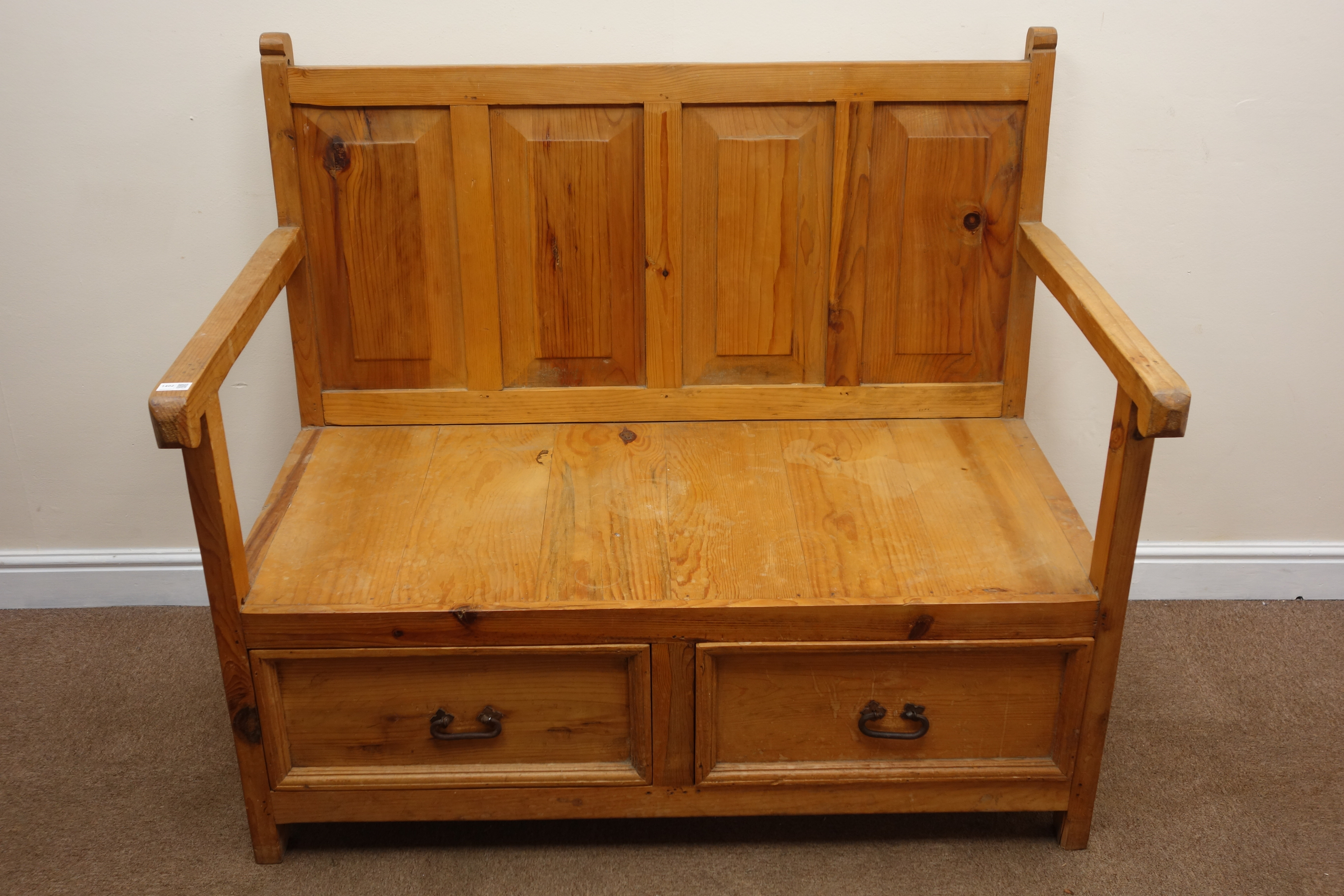 Waxed pine Monks bench, four panel back, solid seat, two drawers, stile supports, - Image 2 of 3