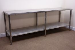 Large two tier stainless steel preparation table, W240cm, H89cm,
