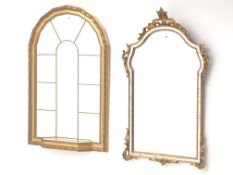 Gilt framed arched window mirror (W69cm, H103cm) and another ornate gilt framed mirror (W61cm,