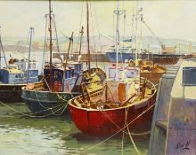 Don Micklethwaite (British 1936-): 'Keel Boats Whitby', oil on canvas board signed,